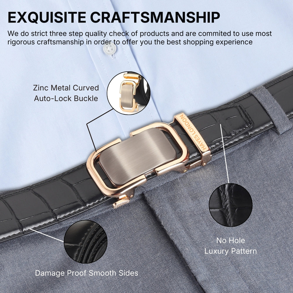 Hayes London | Sparta Auto-Lock No-Hole Genuine Leather Belt for Men – Micro-Adjustable Smart Ratchet Belt for Formal & Business Wear (Textured Black with Gold Buckle)