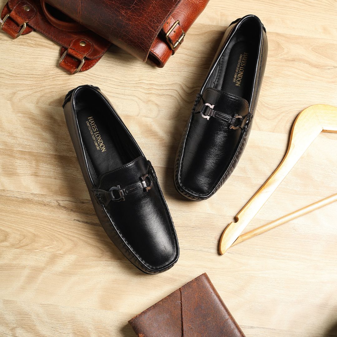 Hayes London | Belfort Driving Loafers – Black Plain Genuine Leather Men’s Shoes