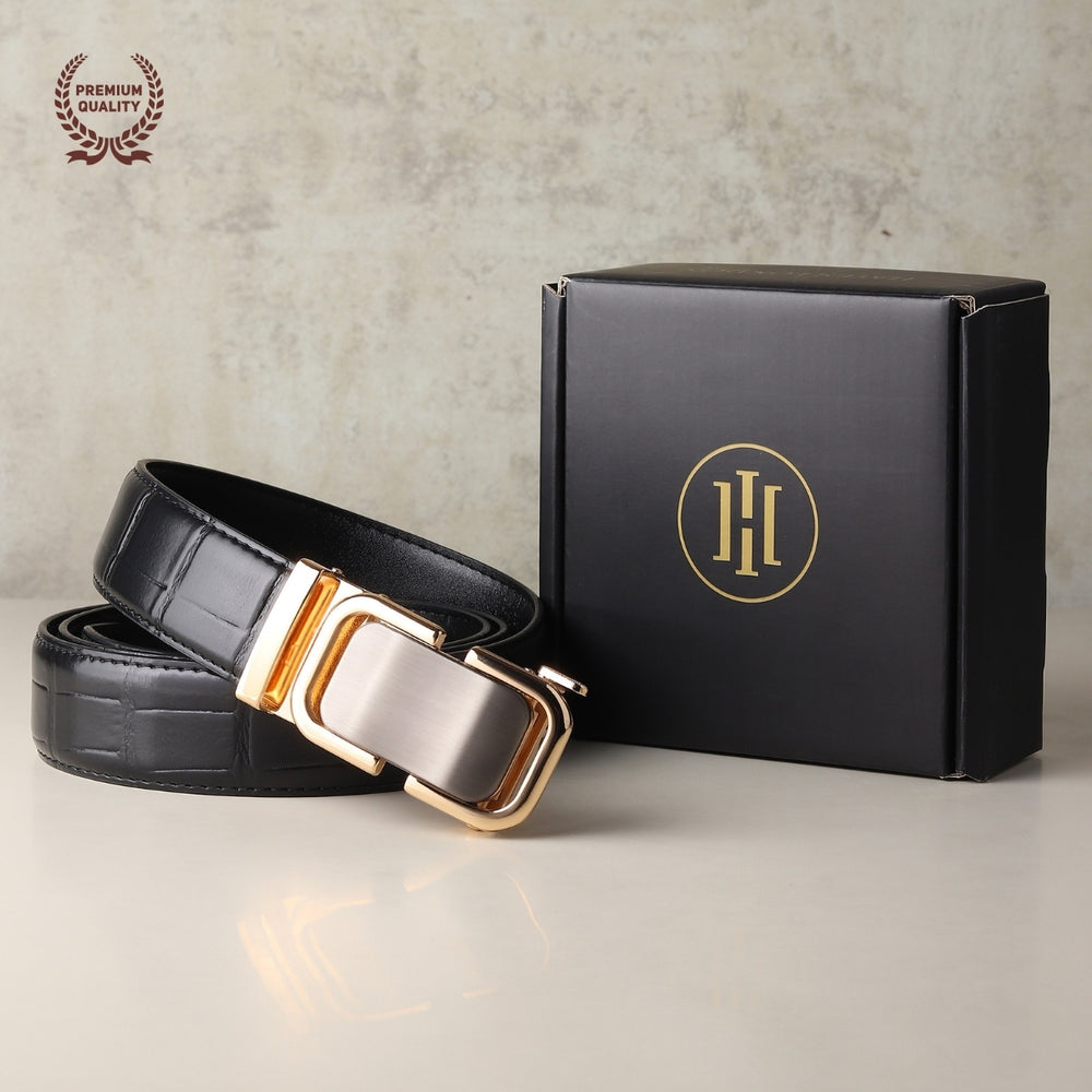 Hayes London | Sparta Auto-Lock No-Hole Genuine Leather Belt for Men – Micro-Adjustable Smart Ratchet Belt for Formal & Business Wear (Textured Black with Gold Buckle)