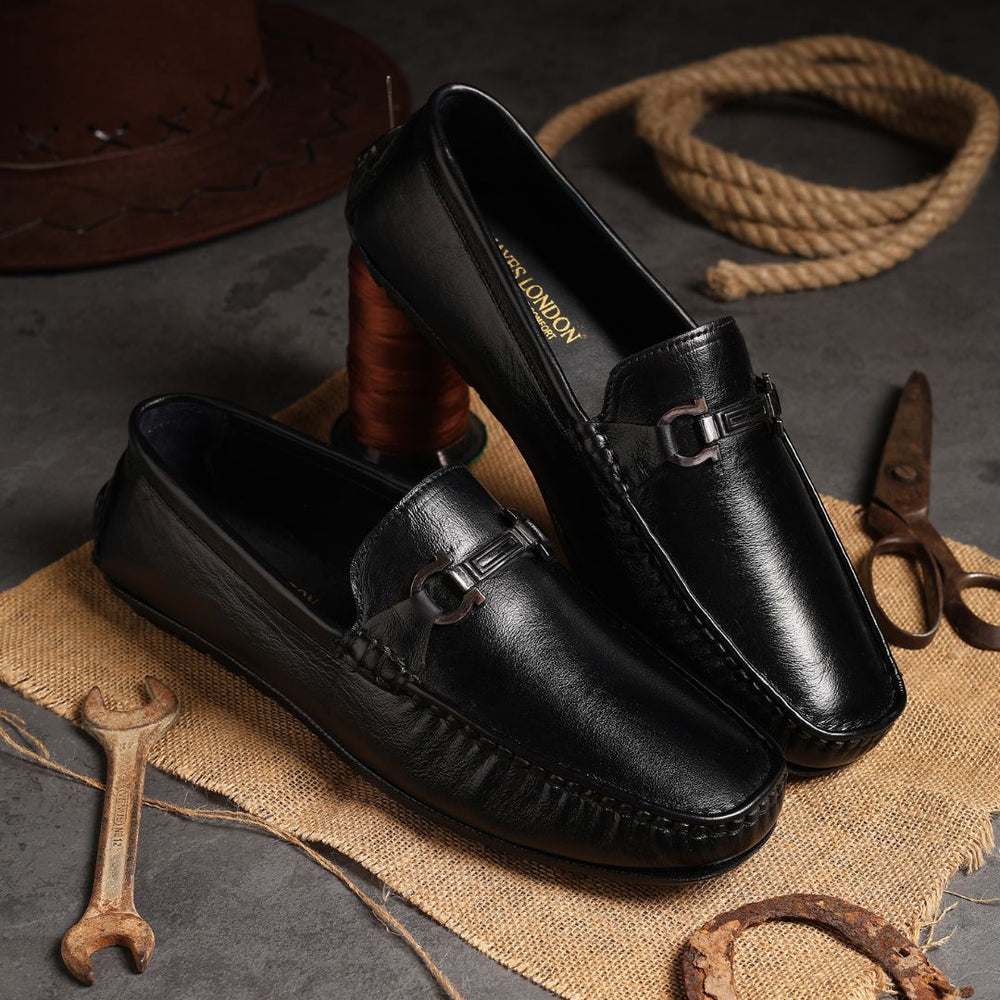Hayes London | Belfort Driving Loafers – Black Plain Genuine Leather Men’s Shoes