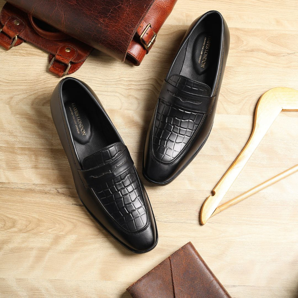 Hayes London | Milan Black Formal Penny Loafers for Men – Genuine Leather Croco Slip-On Shoes for Office & Party Wear