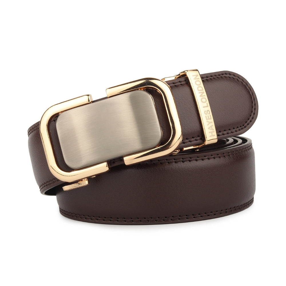 Hayes London | Vanguard Auto-Lock No-Hole Genuine Leather Belt for Men – Micro-Adjustable Smart Ratchet Belt for Formal & Business Wear (Brown with Gold Buckle)