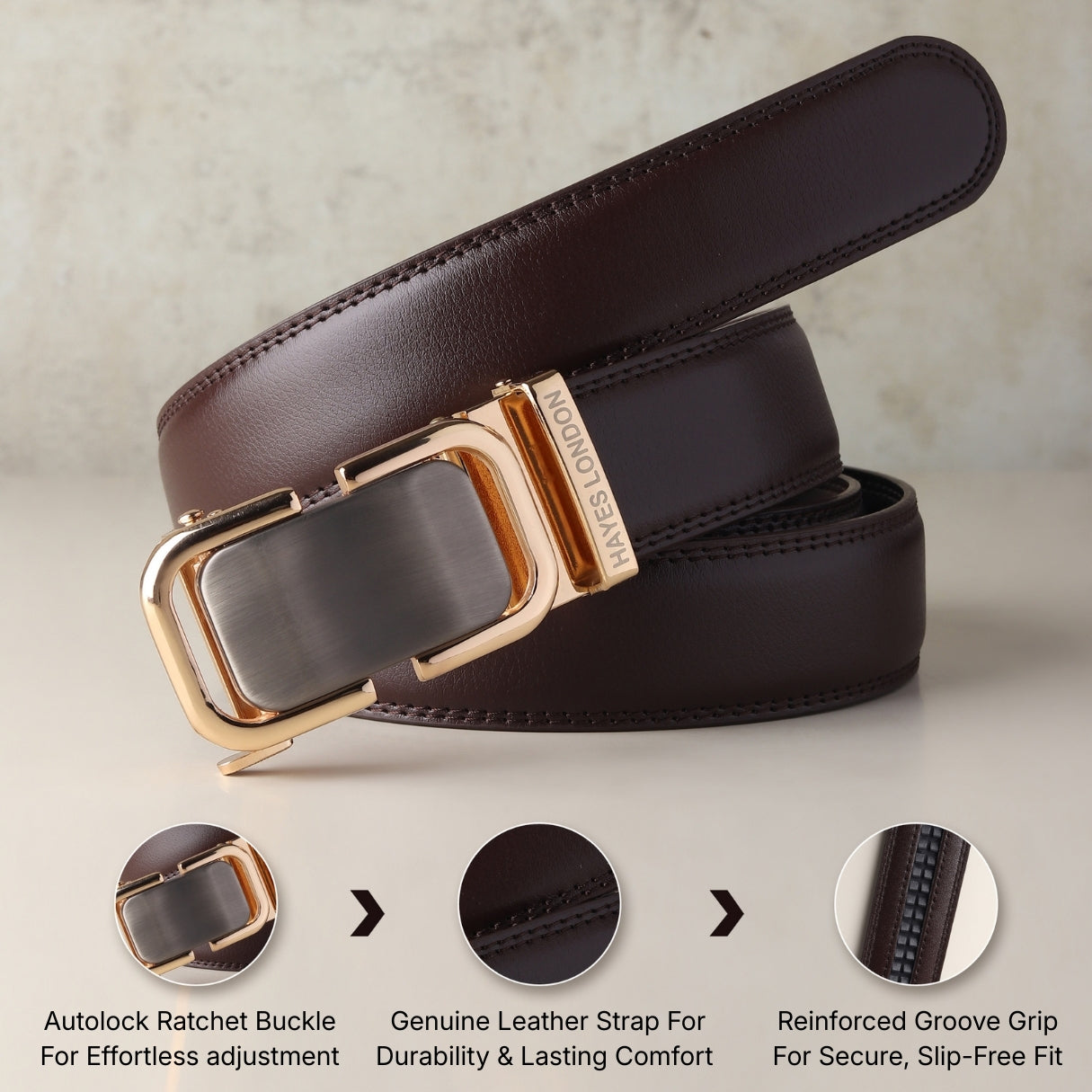 Hayes London | Vanguard Auto-Lock No-Hole Genuine Leather Belt for Men – Micro-Adjustable Smart Ratchet Belt for Formal & Business Wear (Brown with Gold Buckle)
