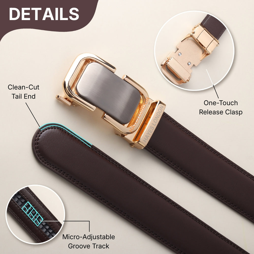 Hayes London | Vanguard Auto-Lock No-Hole Genuine Leather Belt for Men – Micro-Adjustable Smart Ratchet Belt for Formal & Business Wear (Brown with Gold Buckle)