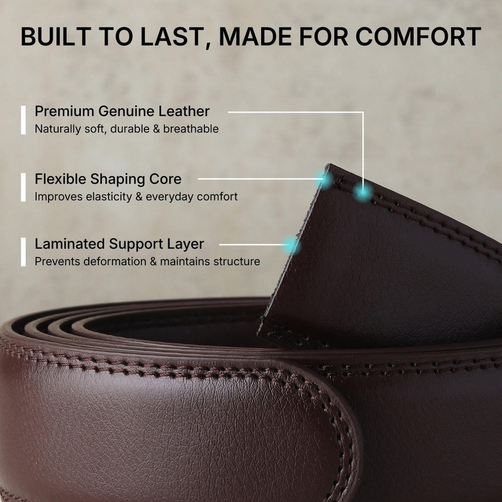 Hayes London | Vanguard Auto-Lock No-Hole Genuine Leather Belt for Men – Micro-Adjustable Smart Ratchet Belt for Formal & Business Wear (Brown with Gold Buckle)