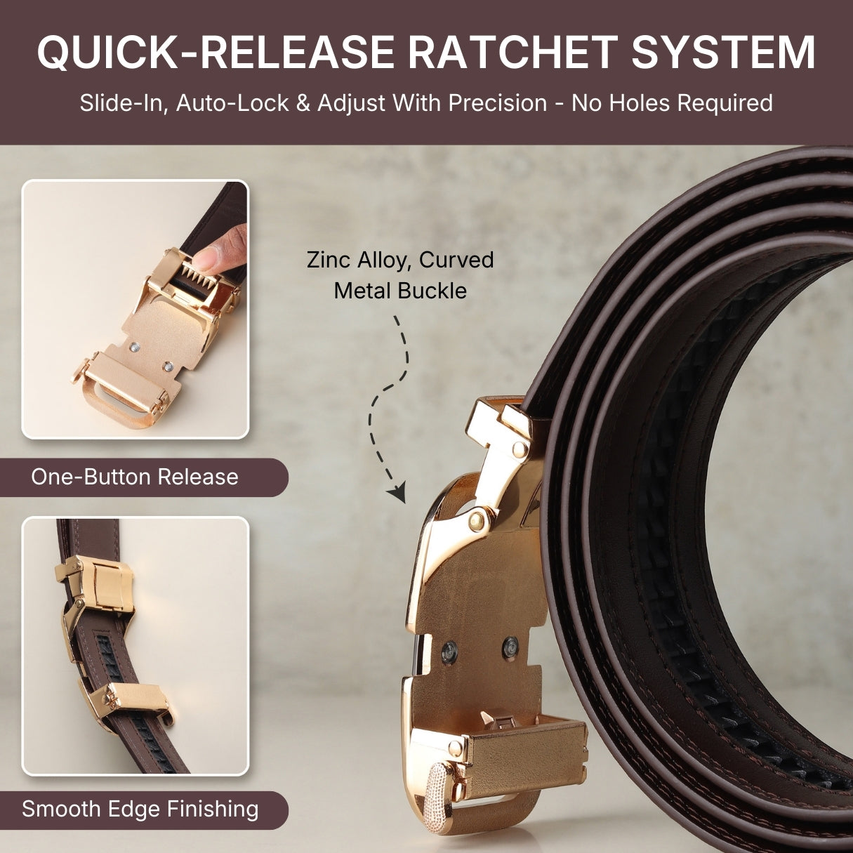 Hayes London | Vanguard Auto-Lock No-Hole Genuine Leather Belt for Men – Micro-Adjustable Smart Ratchet Belt for Formal & Business Wear (Brown with Gold Buckle)