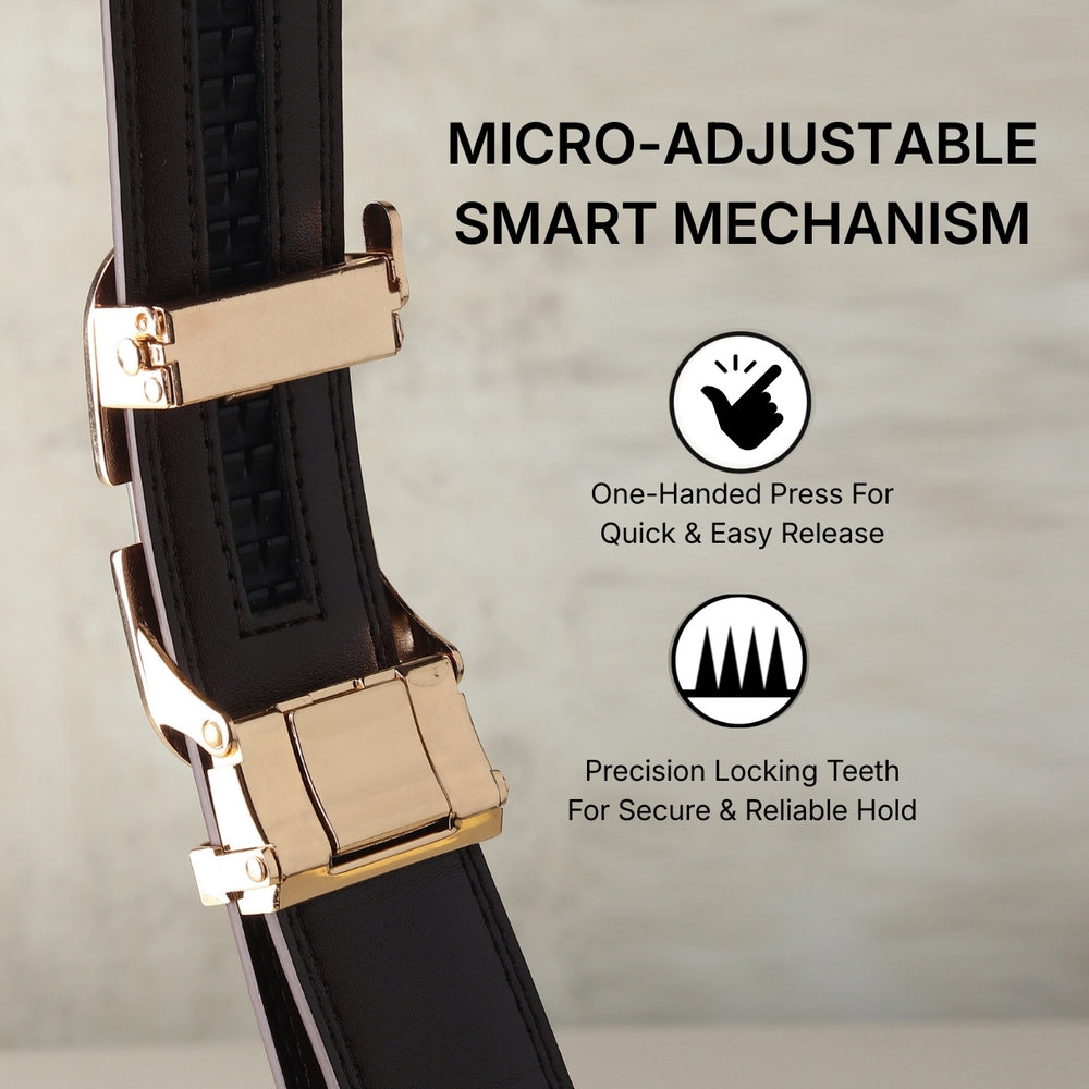 Hayes London | Vanguard Auto-Lock No-Hole Genuine Leather Belt for Men – Micro-Adjustable Smart Ratchet Belt for Formal & Business Wear (Brown with Gold Buckle)