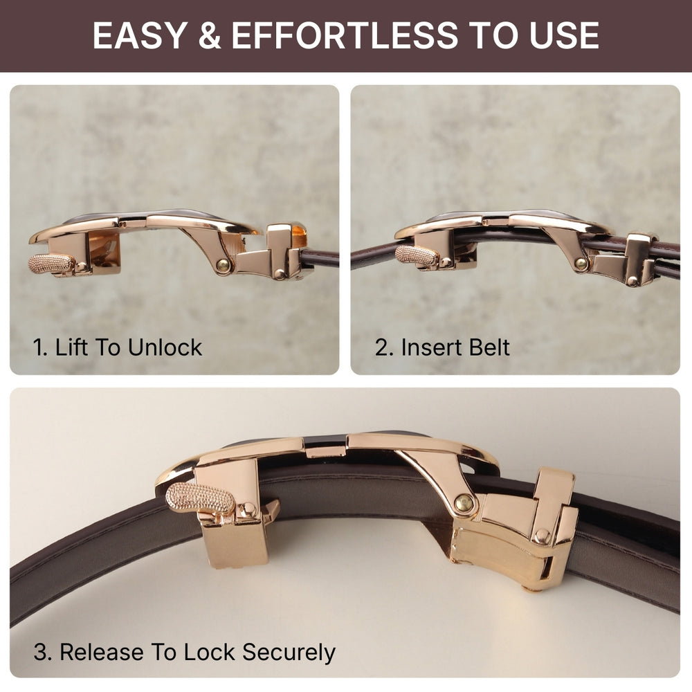 Hayes London | Vanguard Auto-Lock No-Hole Genuine Leather Belt for Men – Micro-Adjustable Smart Ratchet Belt for Formal & Business Wear (Brown with Gold Buckle)