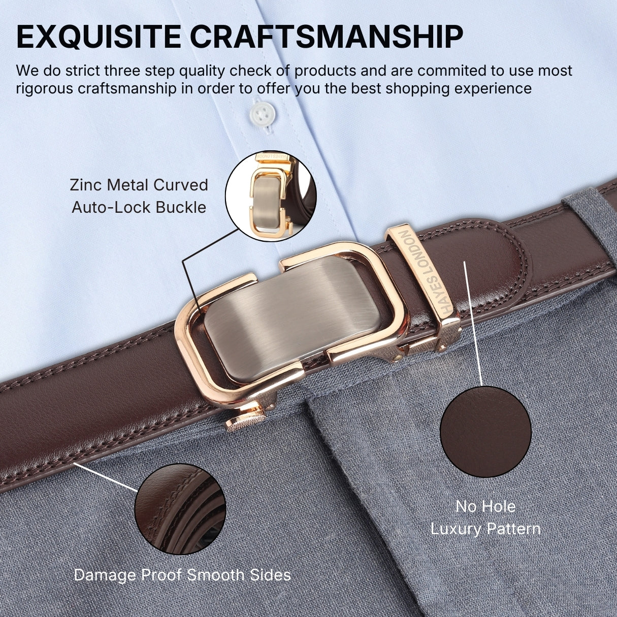 Hayes London | Vanguard Auto-Lock No-Hole Genuine Leather Belt for Men – Micro-Adjustable Smart Ratchet Belt for Formal & Business Wear (Brown with Gold Buckle)