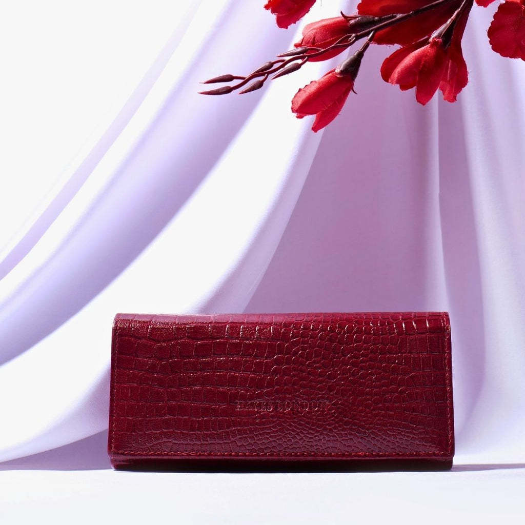 Cherry Genuine Leather Bi-Fold Clutch For Women (Leather Texture: Croc ...