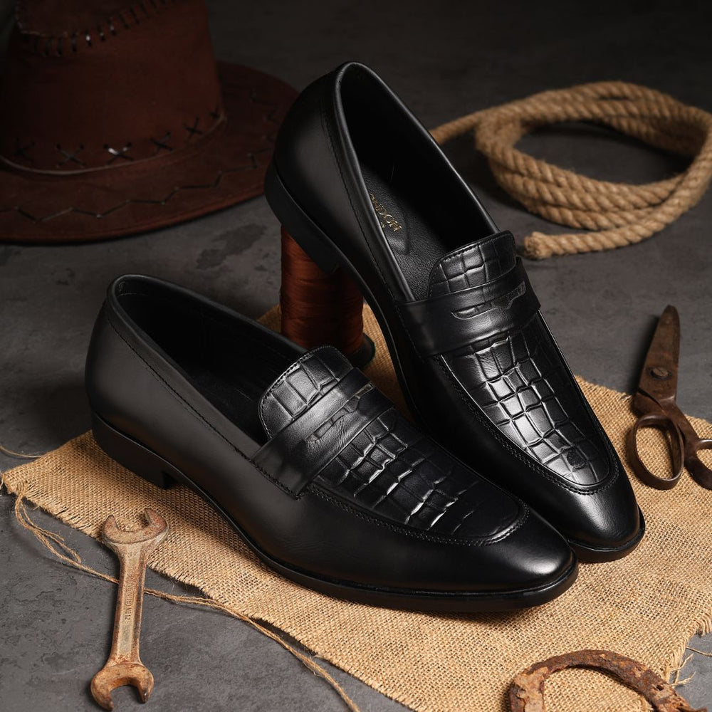 Hayes London | Milan Black Formal Penny Loafers for Men – Genuine Leather Croco Slip-On Shoes for Office & Party Wear