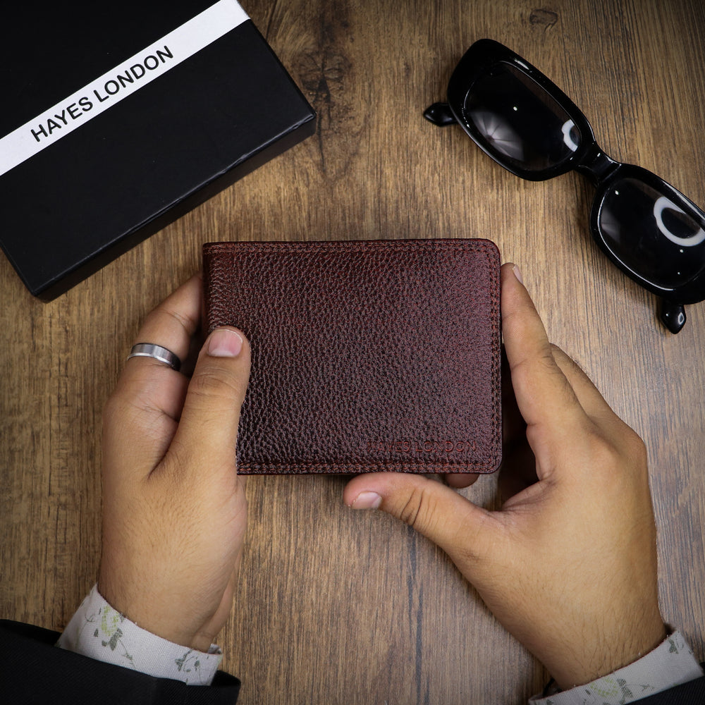 Hayes London | Signature Brown Genuine Leather Textured Wallet for Men - RFID Blocking, Slim Bifold Wallet with 8 Compartments