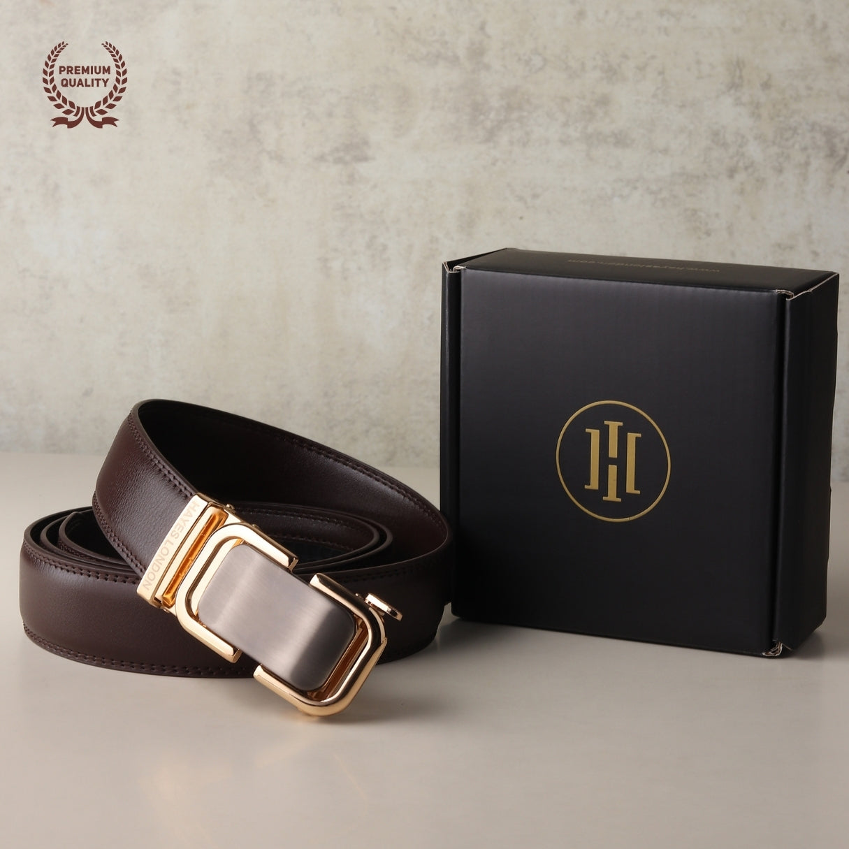 Hayes London | Vanguard Auto-Lock No-Hole Genuine Leather Belt for Men – Micro-Adjustable Smart Ratchet Belt for Formal & Business Wear (Brown with Gold Buckle)