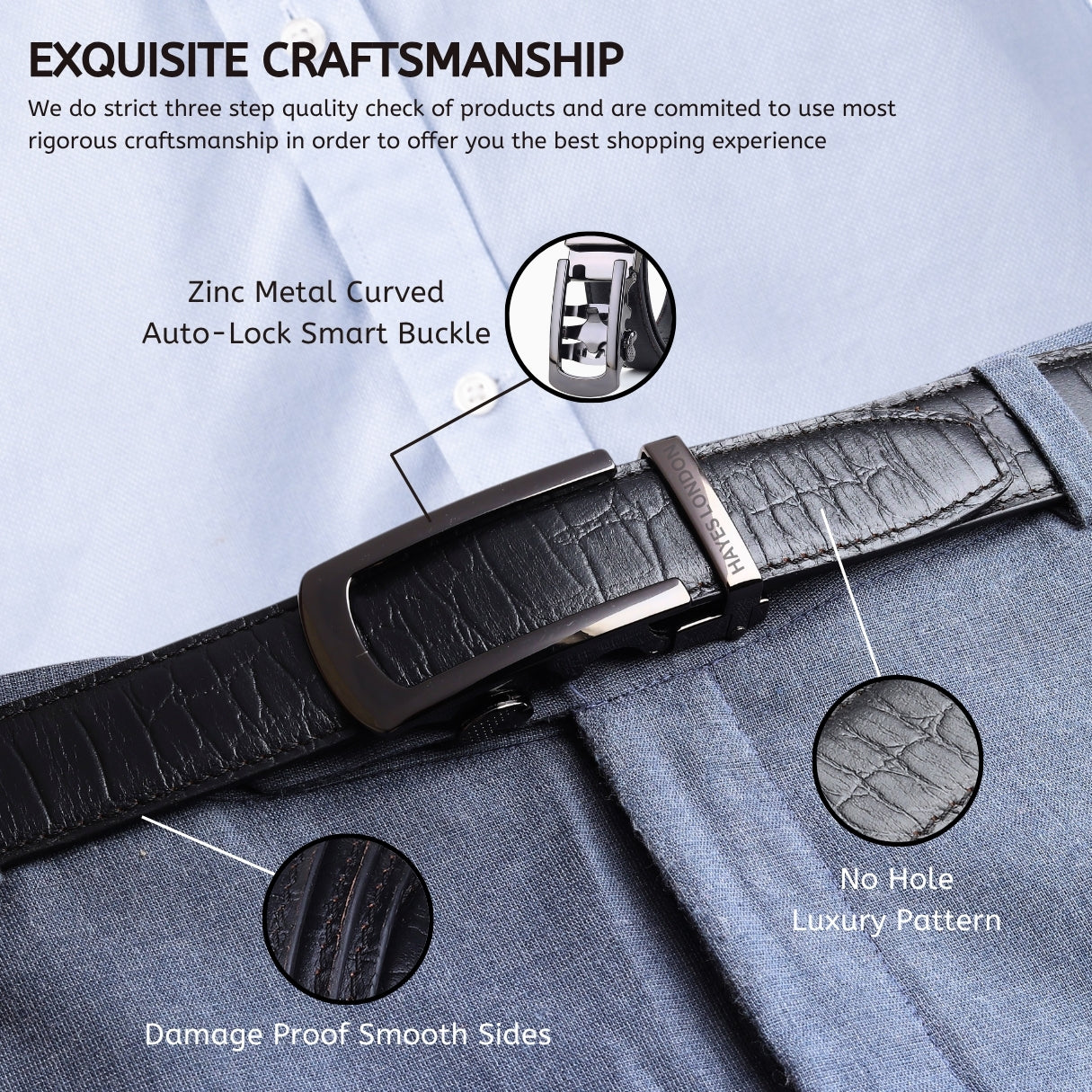 Hayes London | Auto-Lock Genuine Leather Black Belt for Men | Premium Micro-Adjustable No-Hole Belt (Leather Texture: Croco)