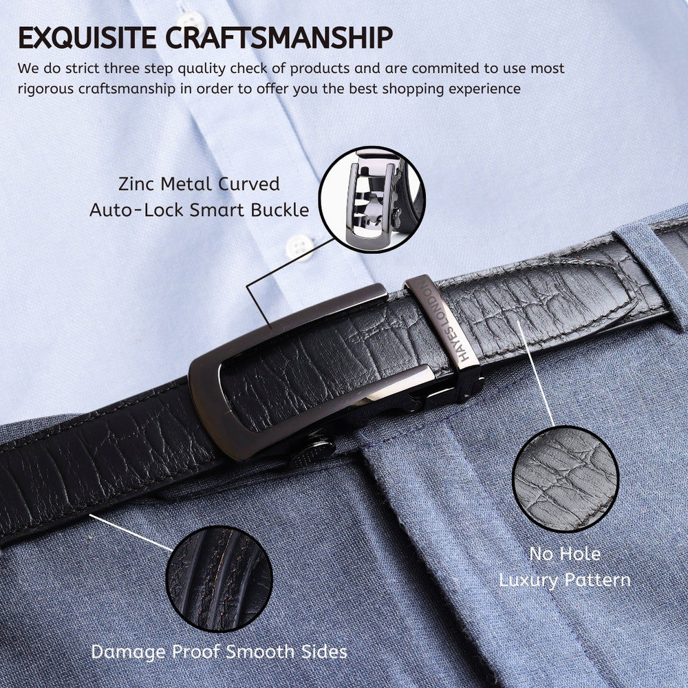 Hayes London | Auto-Lock Genuine Leather Black Belt for Men | Premium Micro-Adjustable No-Hole Belt (Leather Texture: Croco)