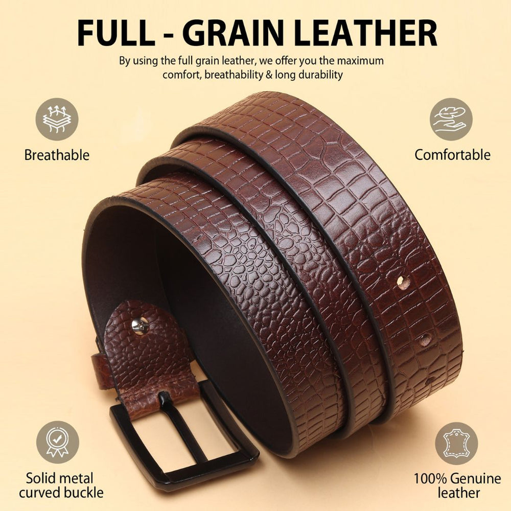 Hayes London | Brown Croco Pattern Genuine Leather Men's Belt (Leather Texture: Croco Pattern & Buckle Color: Black)