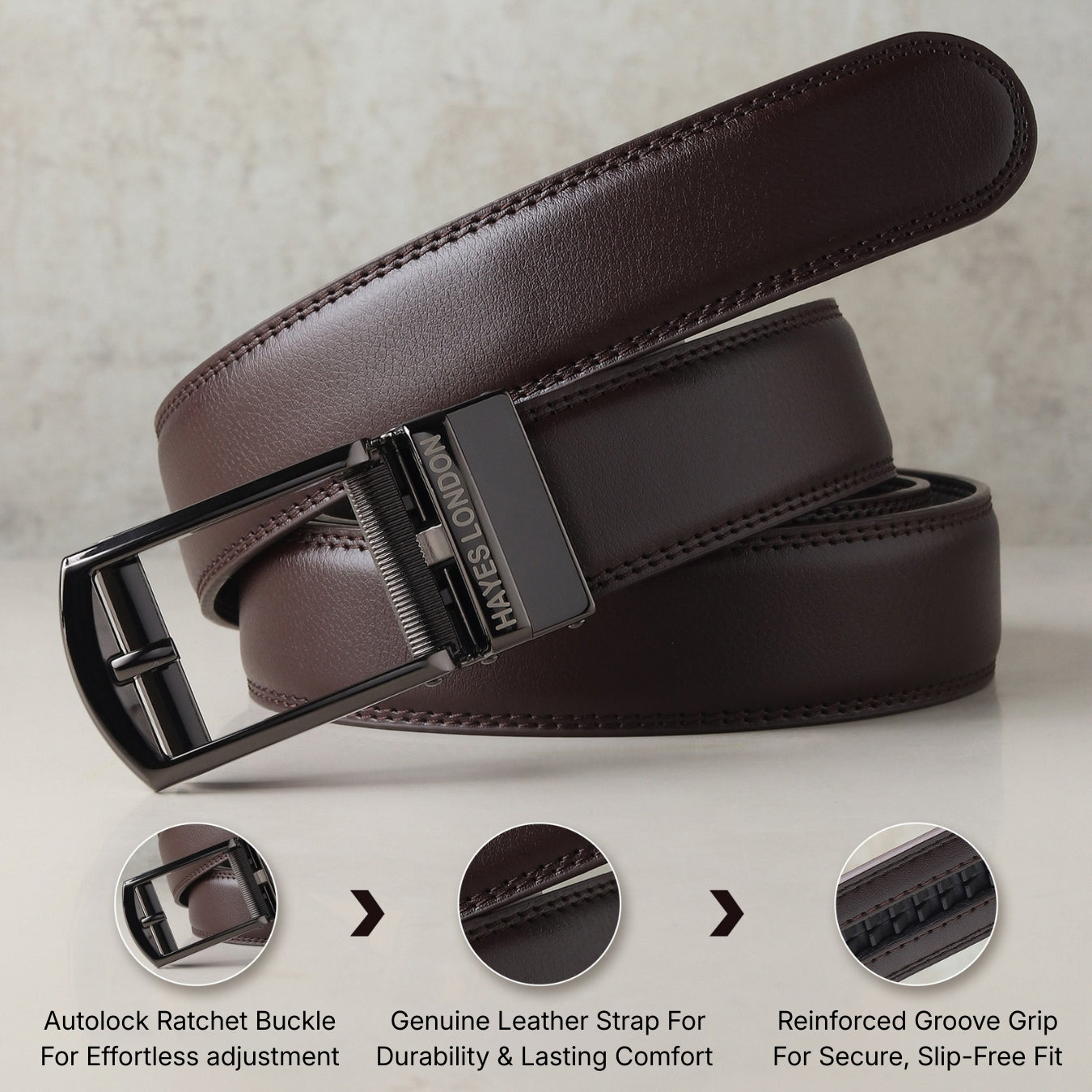 Hayes London | Vanguard Auto-Lock No-Hole Genuine Leather Belt for Men – Micro-Adjustable Smart Ratchet Belt for Formal & Business Wear (Brown with Grey Buckle)