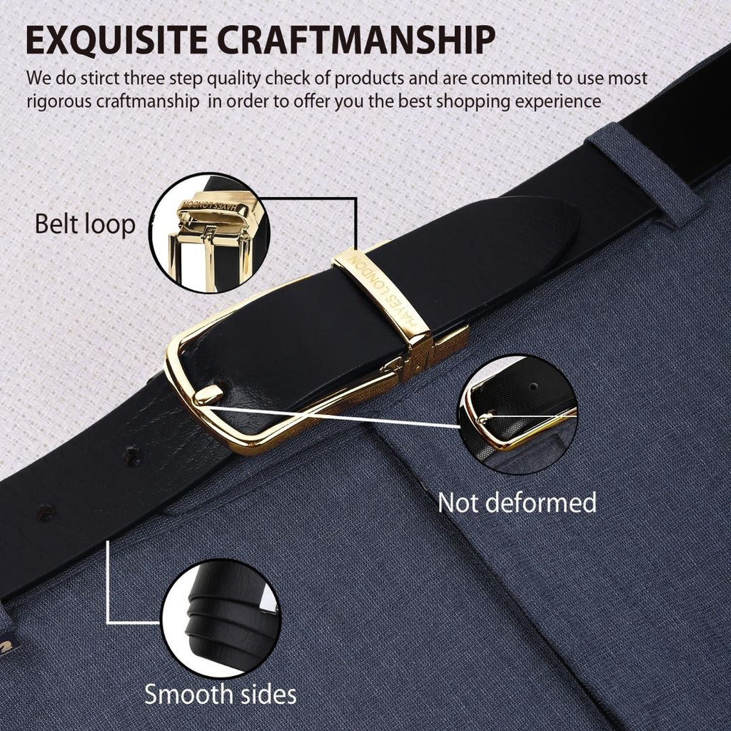 Reversible Black Brown Genuine Leather Belt for Men with Gold Buckle Hayes London