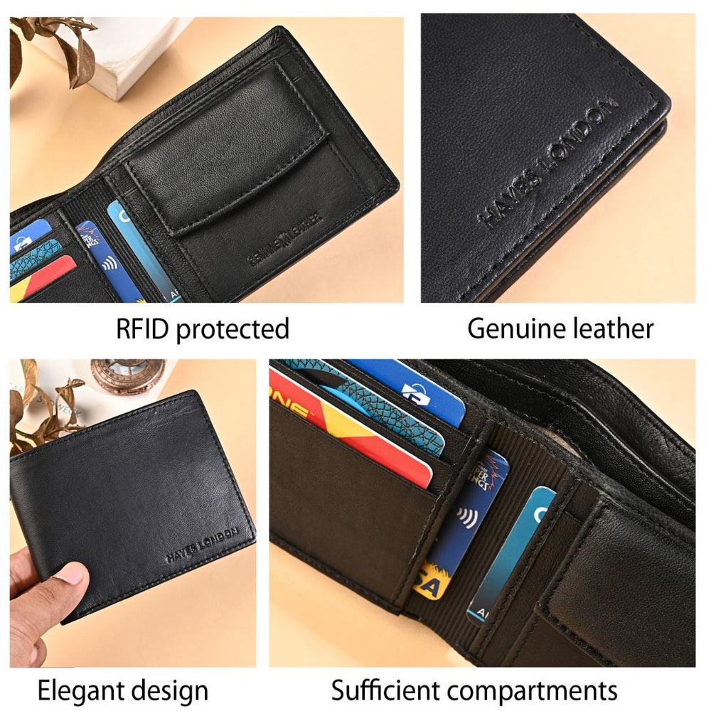 Hayes London | Stud Black Genuine Leather Wallet for Men - RFID Blocking, Slim Bifold Wallet with 8 Compartments