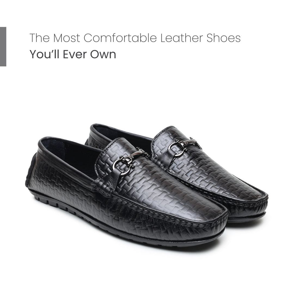 Hayes London | Torque Driving Loafers – Black Woven Embossed Genuine Leather Men’s Shoes