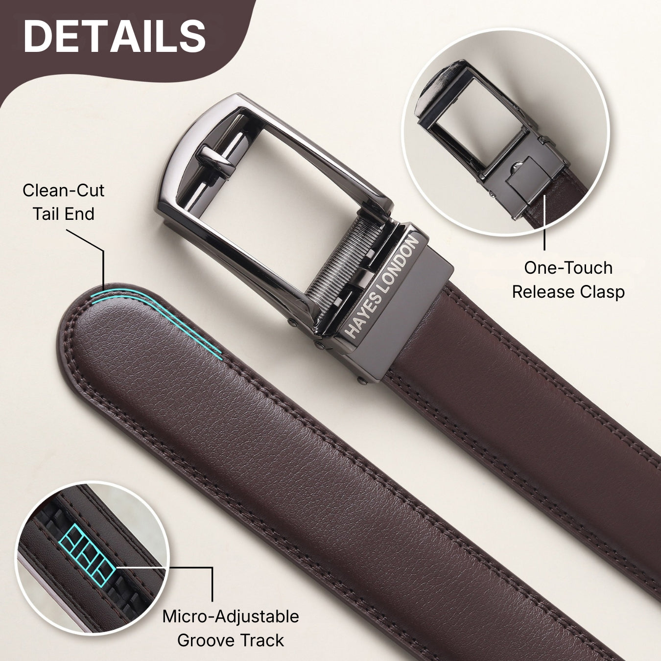 Hayes London | Vanguard Auto-Lock No-Hole Genuine Leather Belt for Men – Micro-Adjustable Smart Ratchet Belt for Formal & Business Wear (Brown with Grey Buckle)
