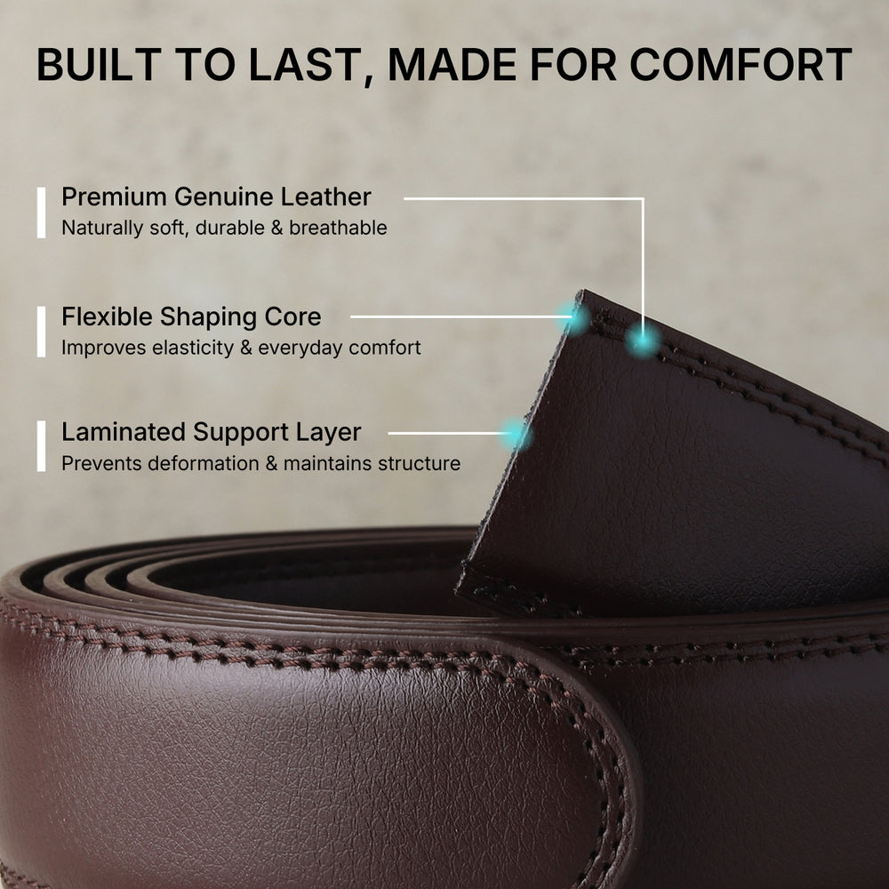 Hayes London | Vanguard Auto-Lock No-Hole Genuine Leather Belt for Men – Micro-Adjustable Smart Ratchet Belt for Formal & Business Wear (Brown with Grey Buckle)