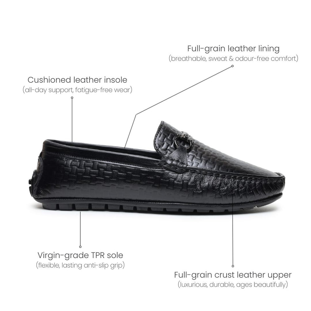 Hayes London | Torque Driving Loafers – Black Woven Embossed Genuine Leather Men’s Shoes
