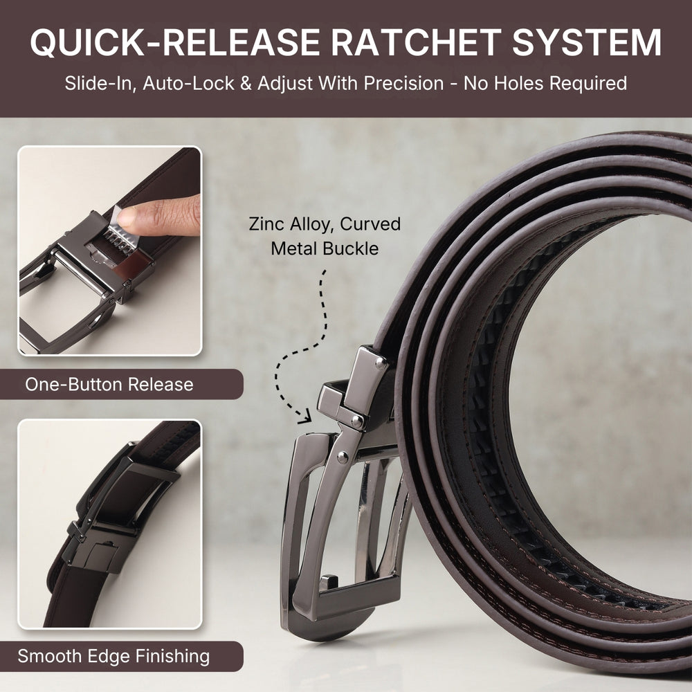 Hayes London | Vanguard Auto-Lock No-Hole Genuine Leather Belt for Men – Micro-Adjustable Smart Ratchet Belt for Formal & Business Wear (Brown with Grey Buckle)