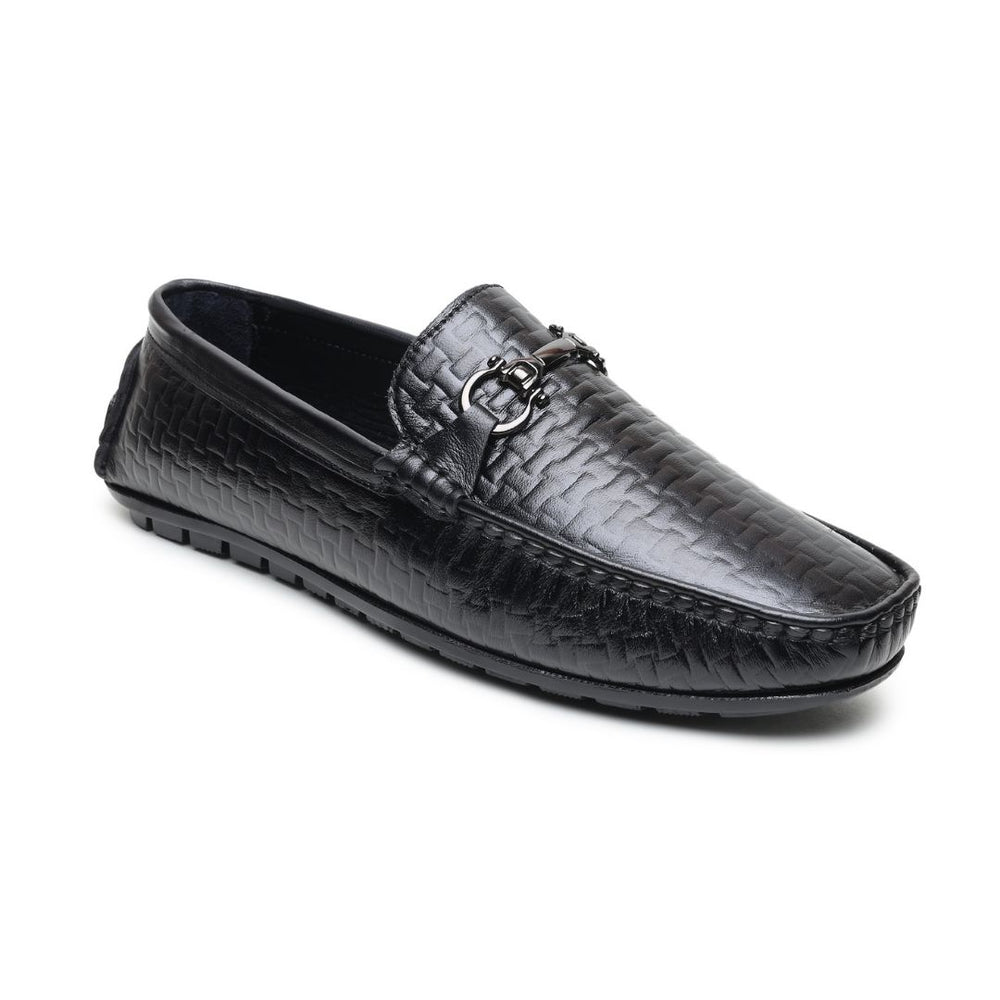 Hayes London | Torque Driving Loafers – Black Woven Embossed Genuine Leather Men’s Shoes