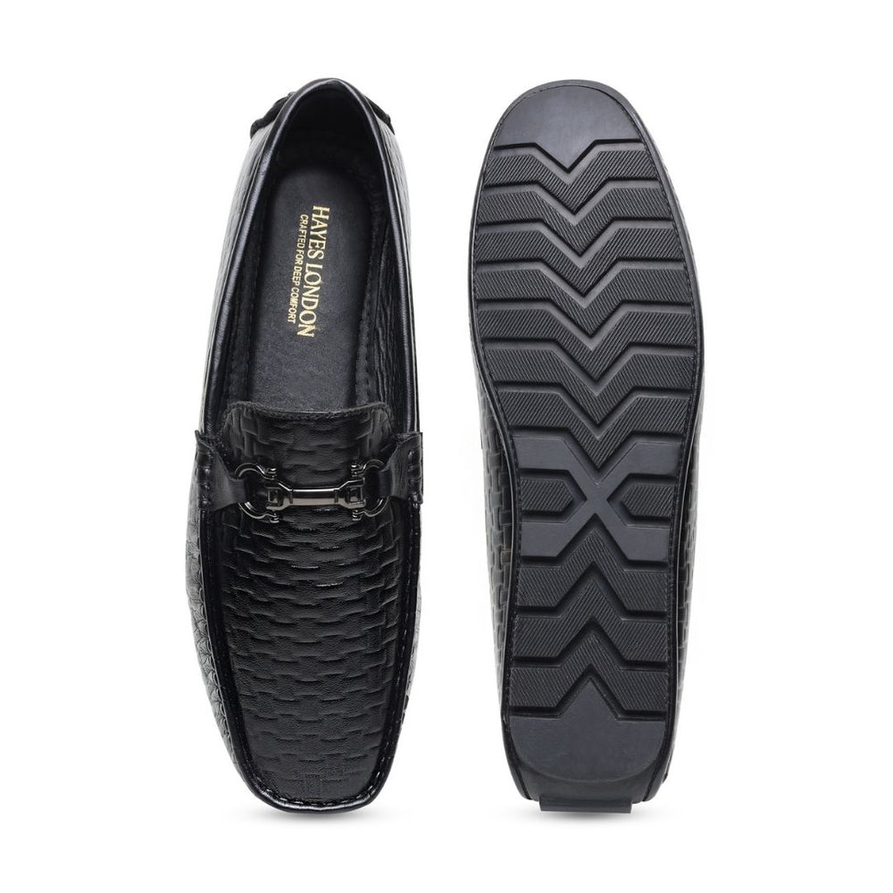 Hayes London | Torque Driving Loafers – Black Woven Embossed Genuine Leather Men’s Shoes