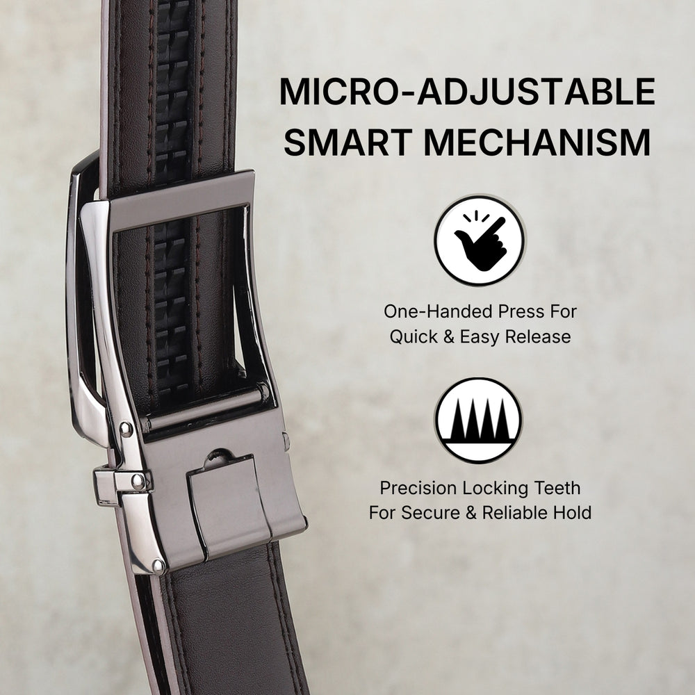 Hayes London | Vanguard Auto-Lock No-Hole Genuine Leather Belt for Men – Micro-Adjustable Smart Ratchet Belt for Formal & Business Wear (Brown with Grey Buckle)