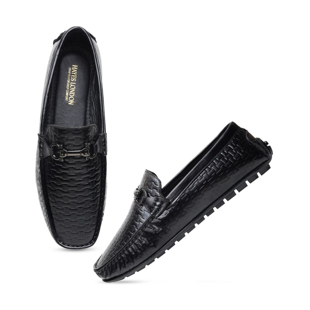 Hayes London | Torque Driving Loafers – Black Woven Embossed Genuine Leather Men’s Shoes