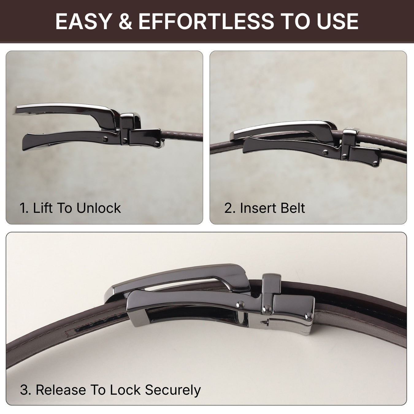 Hayes London | Vanguard Auto-Lock No-Hole Genuine Leather Belt for Men – Micro-Adjustable Smart Ratchet Belt for Formal & Business Wear (Brown with Grey Buckle)