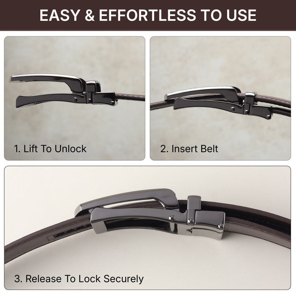 Hayes London | Vanguard Auto-Lock No-Hole Genuine Leather Belt for Men – Micro-Adjustable Smart Ratchet Belt for Formal & Business Wear (Brown with Grey Buckle)