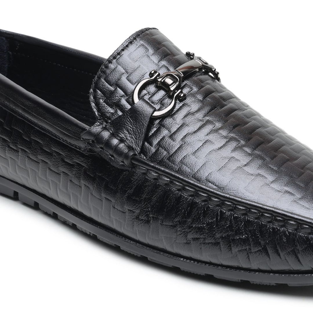 Hayes London | Torque Driving Loafers – Black Woven Embossed Genuine Leather Men’s Shoes