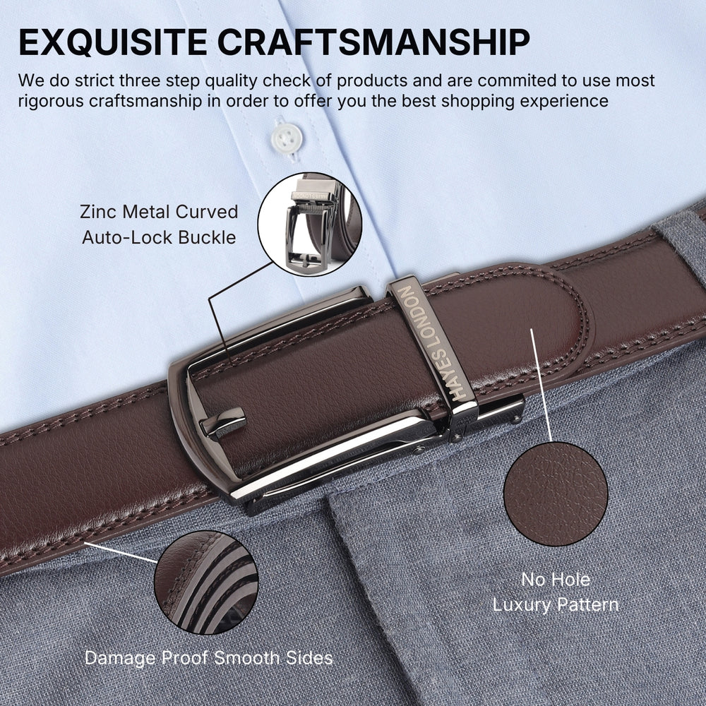 Hayes London | Vanguard Auto-Lock No-Hole Genuine Leather Belt for Men – Micro-Adjustable Smart Ratchet Belt for Formal & Business Wear (Brown with Grey Buckle)