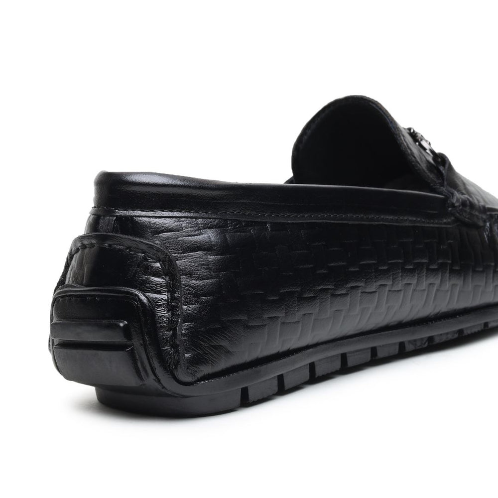 Hayes London | Torque Driving Loafers – Black Woven Embossed Genuine Leather Men’s Shoes