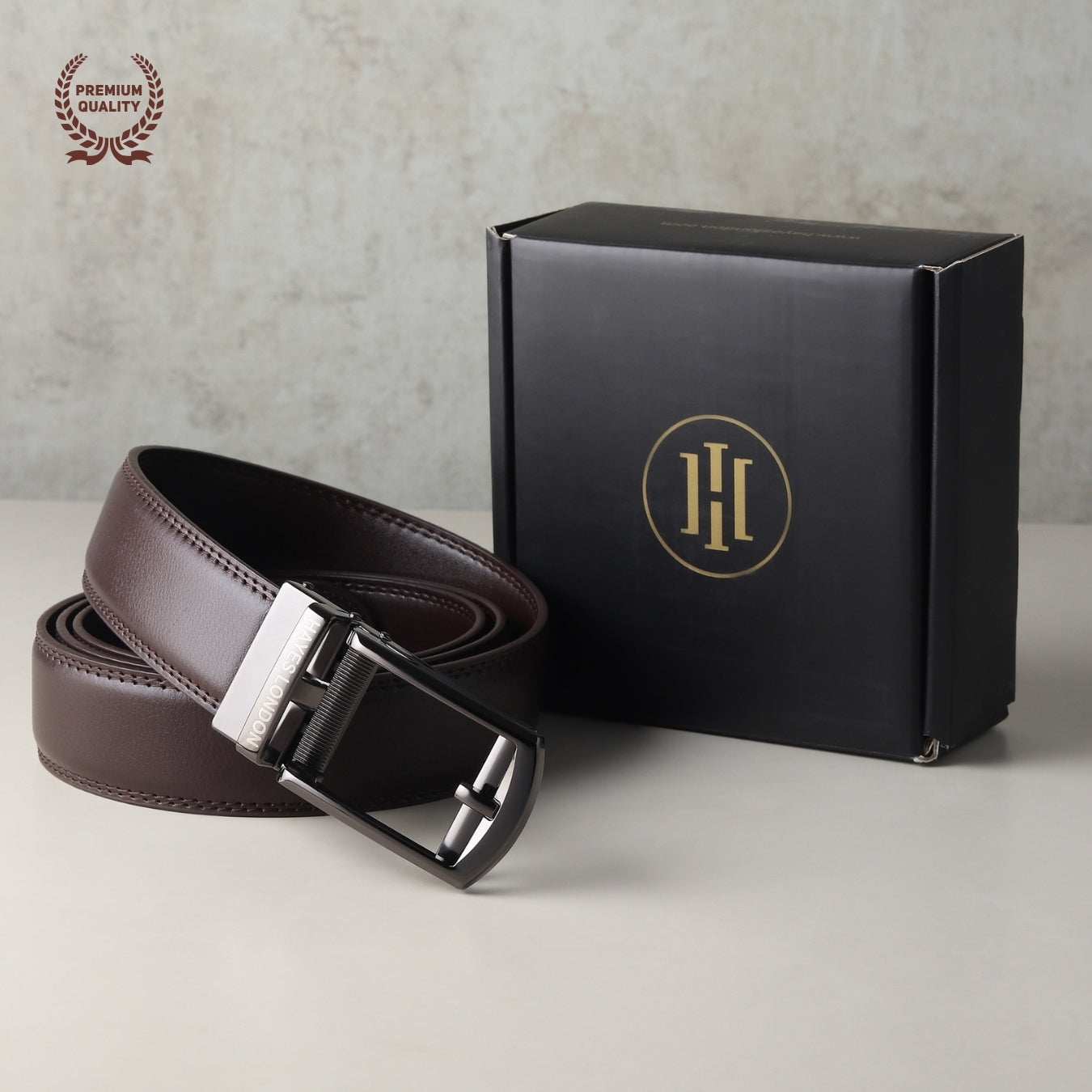 Hayes London | Vanguard Auto-Lock No-Hole Genuine Leather Belt for Men – Micro-Adjustable Smart Ratchet Belt for Formal & Business Wear (Brown with Grey Buckle)