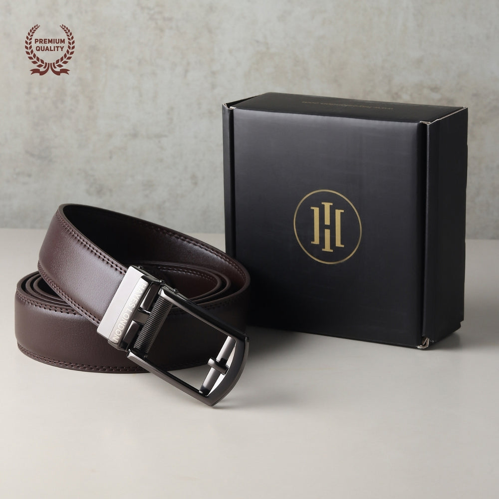 Hayes London | Vanguard Auto-Lock No-Hole Genuine Leather Belt for Men – Micro-Adjustable Smart Ratchet Belt for Formal & Business Wear (Brown with Grey Buckle)