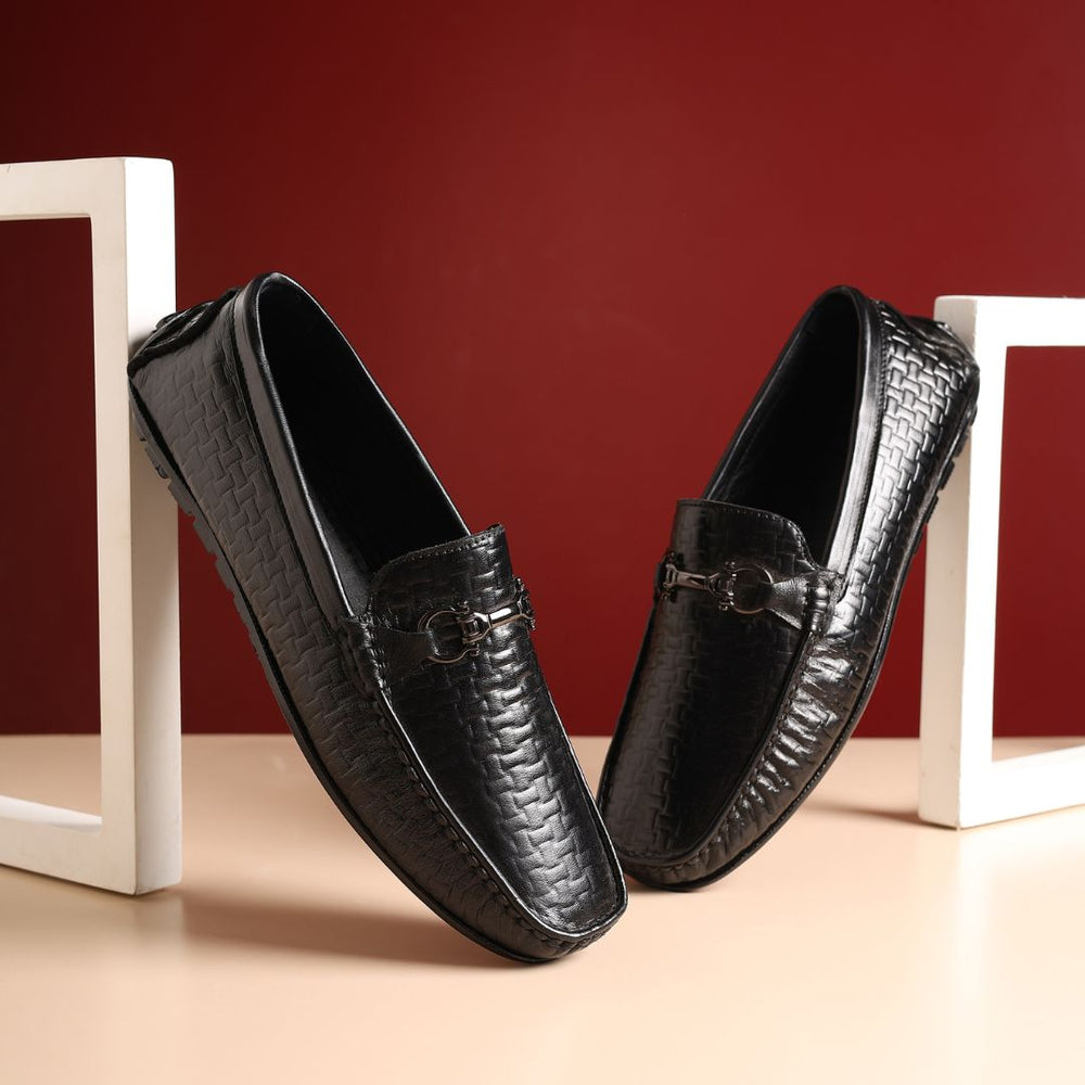 Hayes London | Torque Driving Loafers – Black Woven Embossed Genuine Leather Men’s Shoes