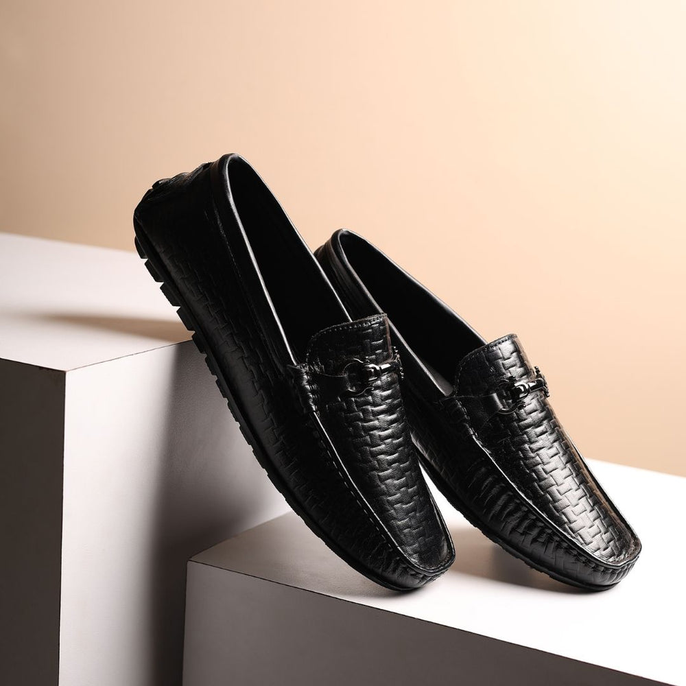 Hayes London | Torque Driving Loafers – Black Woven Embossed Genuine Leather Men’s Shoes