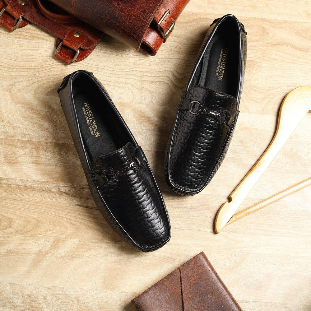 Hayes London | Torque Driving Loafers – Black Woven Embossed Genuine Leather Men’s Shoes