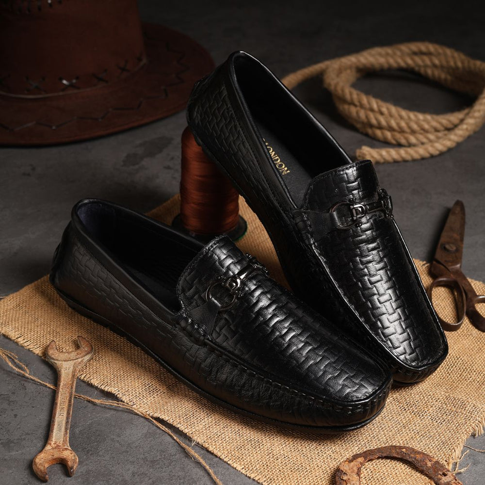 Hayes London | Torque Driving Loafers – Black Woven Embossed Genuine Leather Men’s Shoes