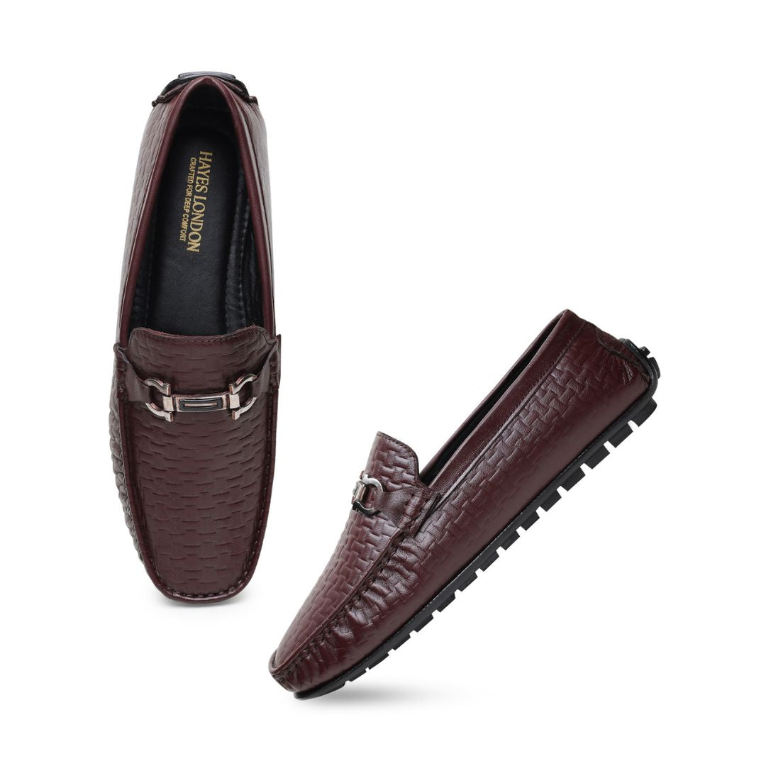 Hayes London | Torque Driving Loafers – Brown Woven Embossed Genuine Leather Men’s Shoes