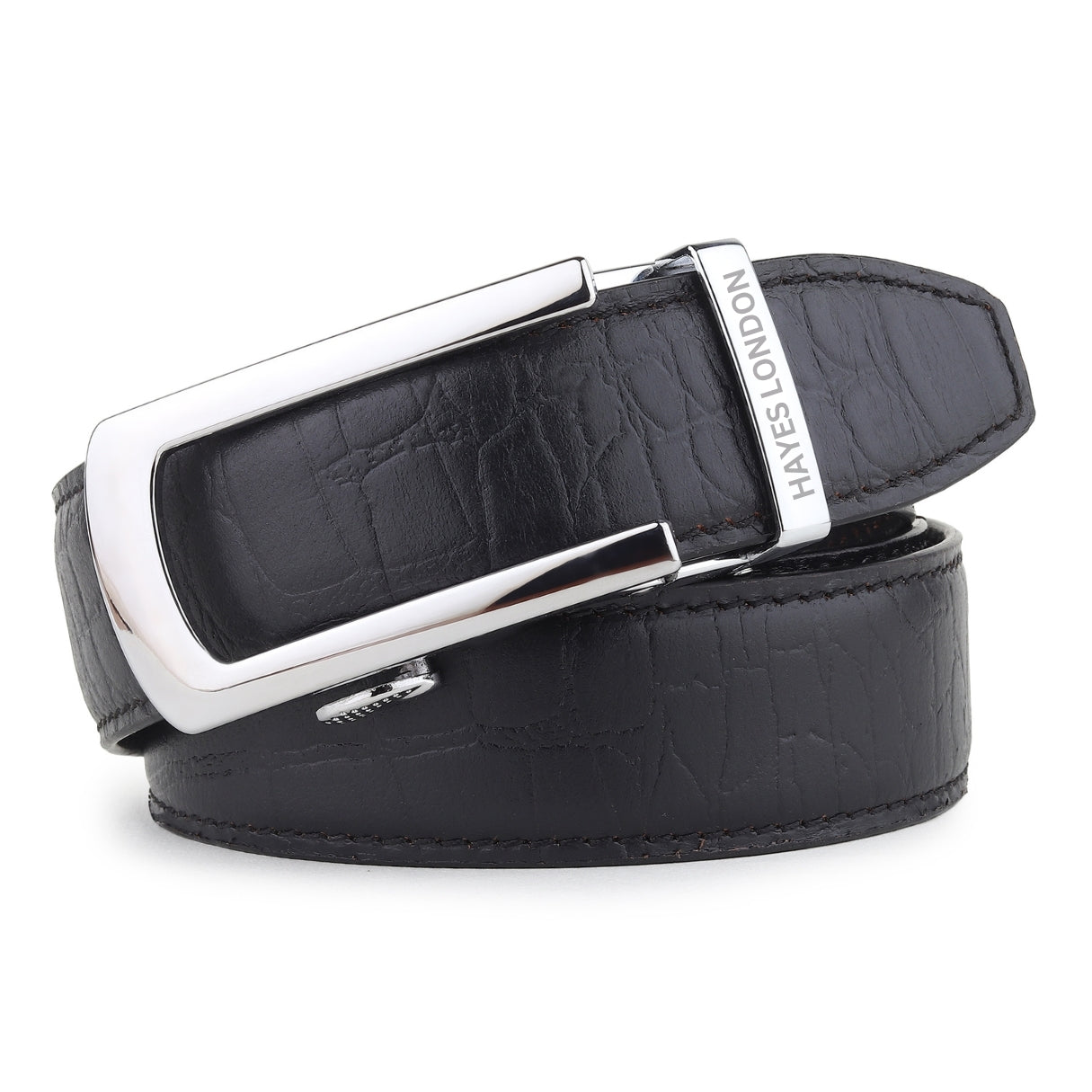 Hayes London | Auto-Lock Genuine Leather Black Belt for Men | Premium Micro-Adjustable No-Hole Belt (Leather Texture: Croco)