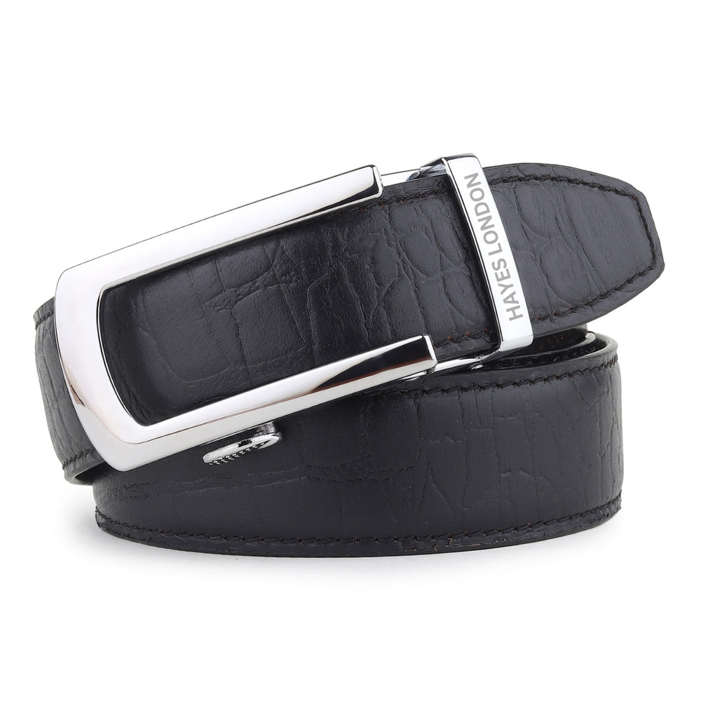 Hayes London | Auto-Lock Genuine Leather Black Belt for Men | Premium Micro-Adjustable No-Hole Belt (Leather Texture: Croco)