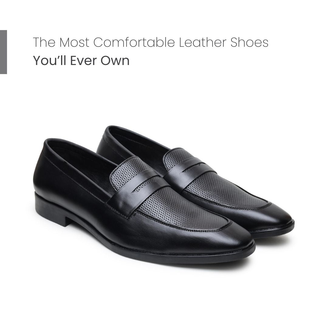 Hayes London | Windsor Penny Loafers – Black Perforated Genuine Leather Men’s Shoes