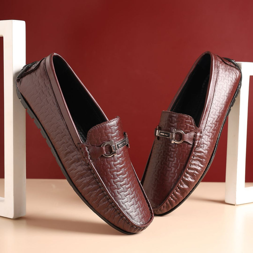 Hayes London | Torque Driving Loafers – Brown Woven Embossed Genuine Leather Men’s Shoes