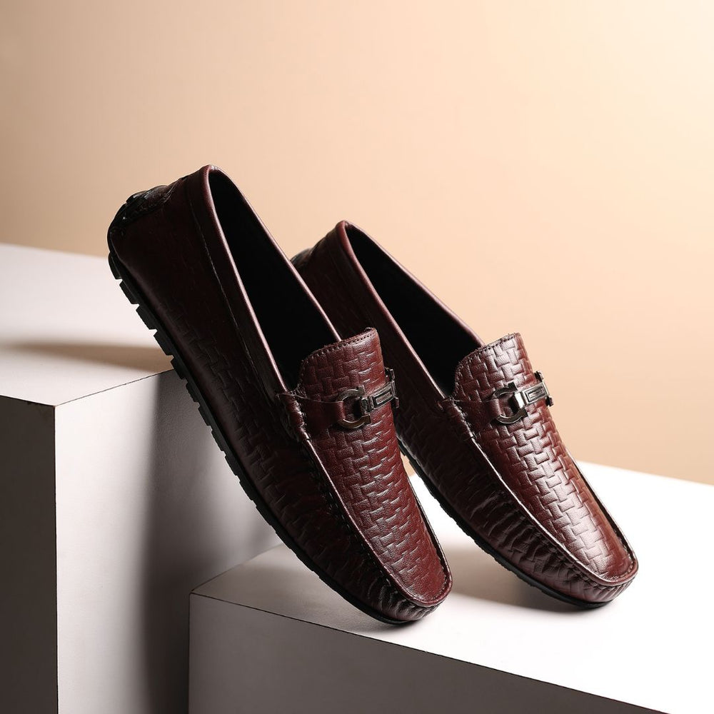 Hayes London | Torque Driving Loafers – Brown Woven Embossed Genuine Leather Men’s Shoes