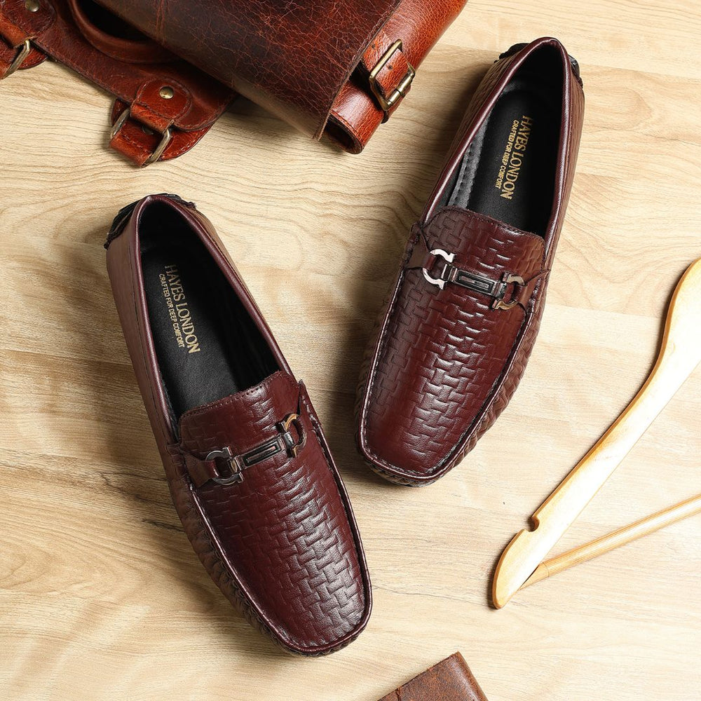 Hayes London | Torque Driving Loafers – Brown Woven Embossed Genuine Leather Men’s Shoes